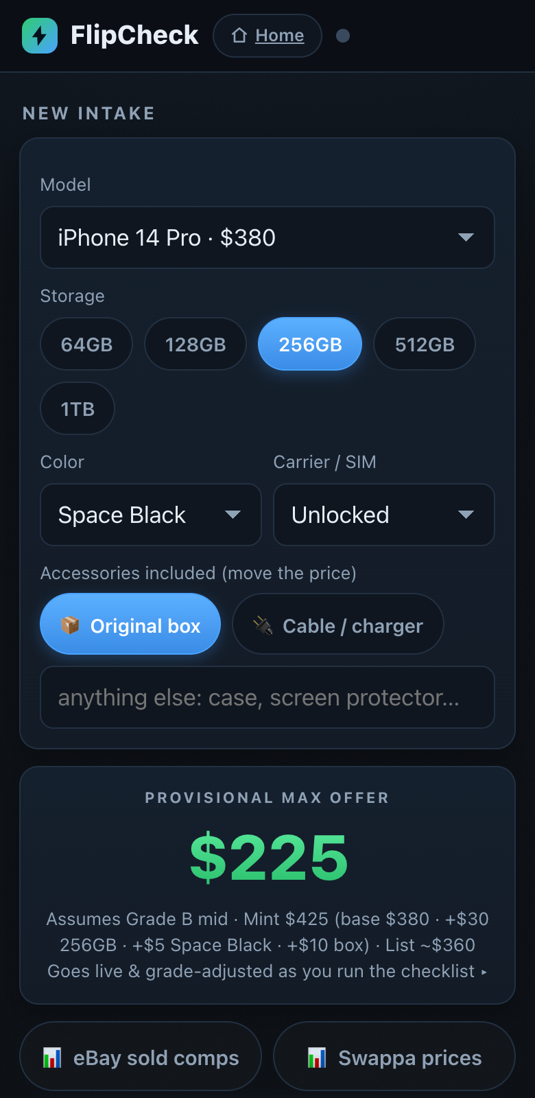 FlipCheck intake screen pricing an iPhone 14 Pro