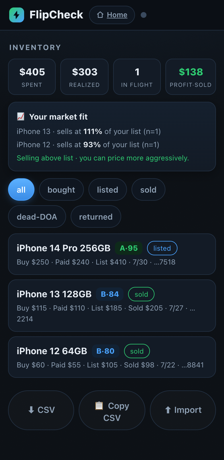 FlipCheck inventory with profit totals
